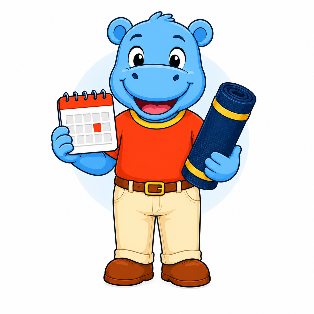 Reg, the Hippo Mat™ mascot, holding a calendar and a rolled Hippo Mat™ play mat.