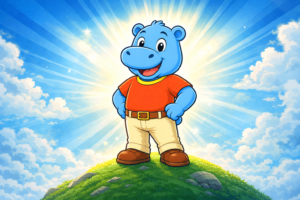 En Reg, la mascota de Hippo Mat™, dret amb orgull sobre un turó