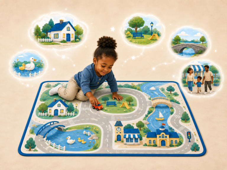Young girl playing with a toy car on an illustrated town play mat, with gentle memory-themed scenes showing familiar places and everyday play