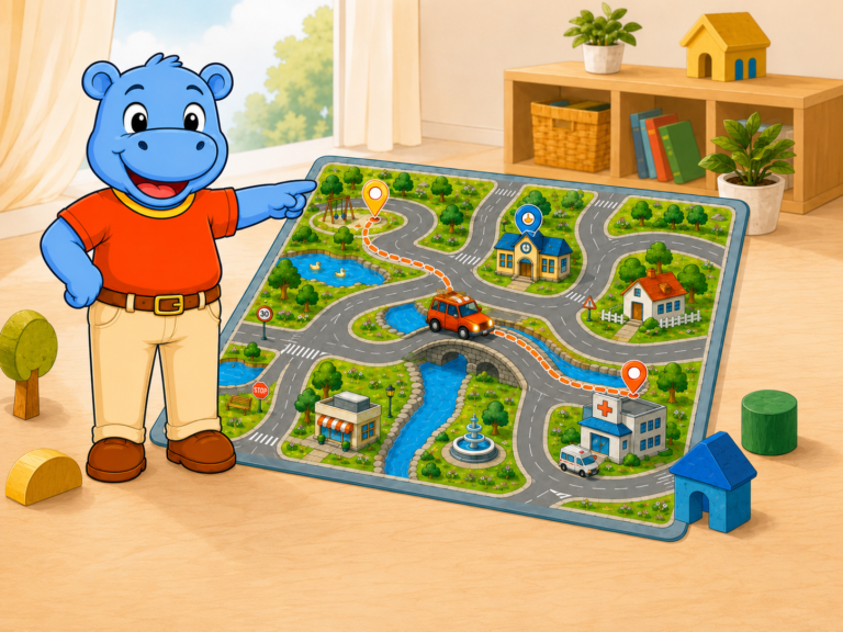 Reg points to a toy car route on a colourful Hippo Mat™ play mat, showing roads, a bridge, a river, parks and town buildings in a child’s playroom.
