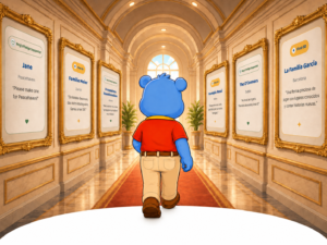 Reg walking down a grand Hall of Fame gallery lined with framed Hippo Mat supporter entries.