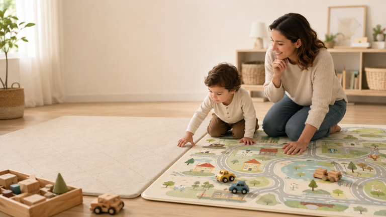Parent and toddler choosing the best play mat for toddlers in a calm playroom