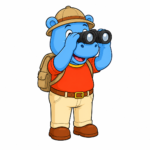 Reg, the Hippo Mat™ mascot, looking through binoculars in his explorer outfit on a white background.